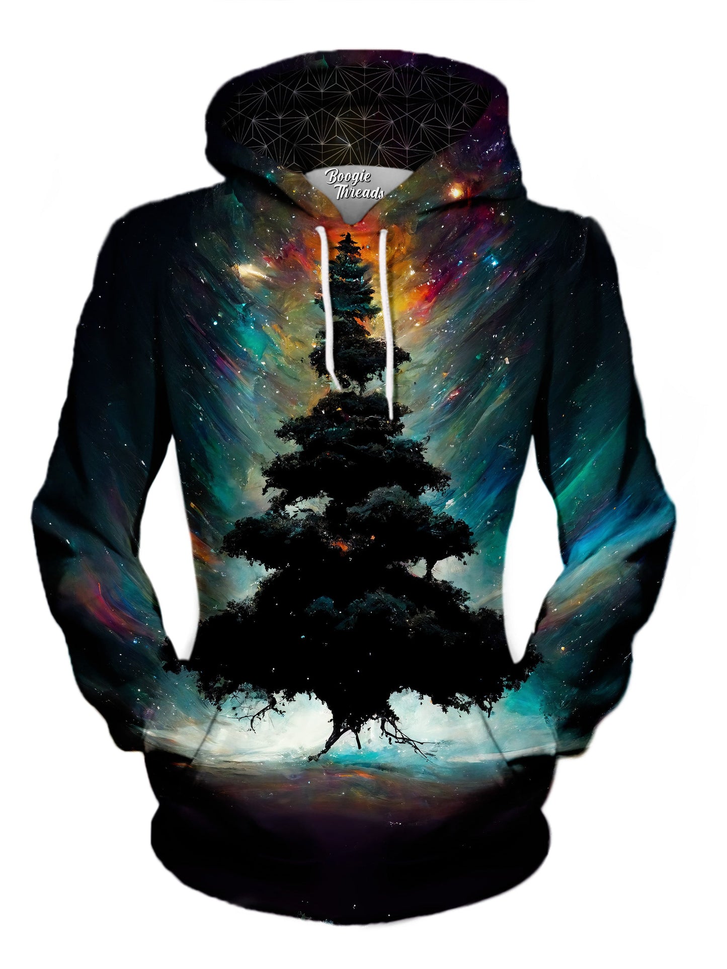 festival styled all over hoodie print, bright colored galaxy with dark tree