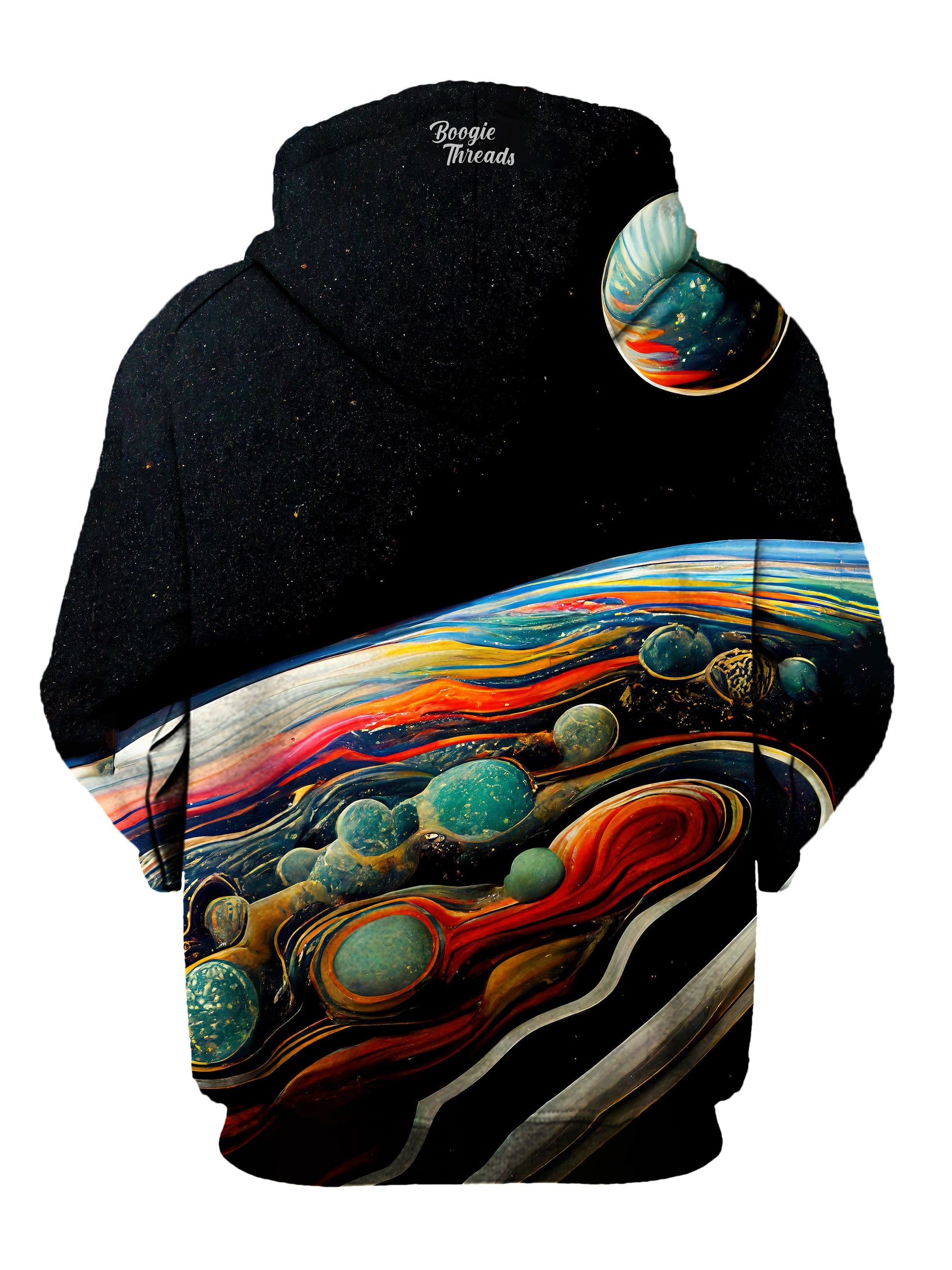 pullover hoodie rear view of painted planet in outer space