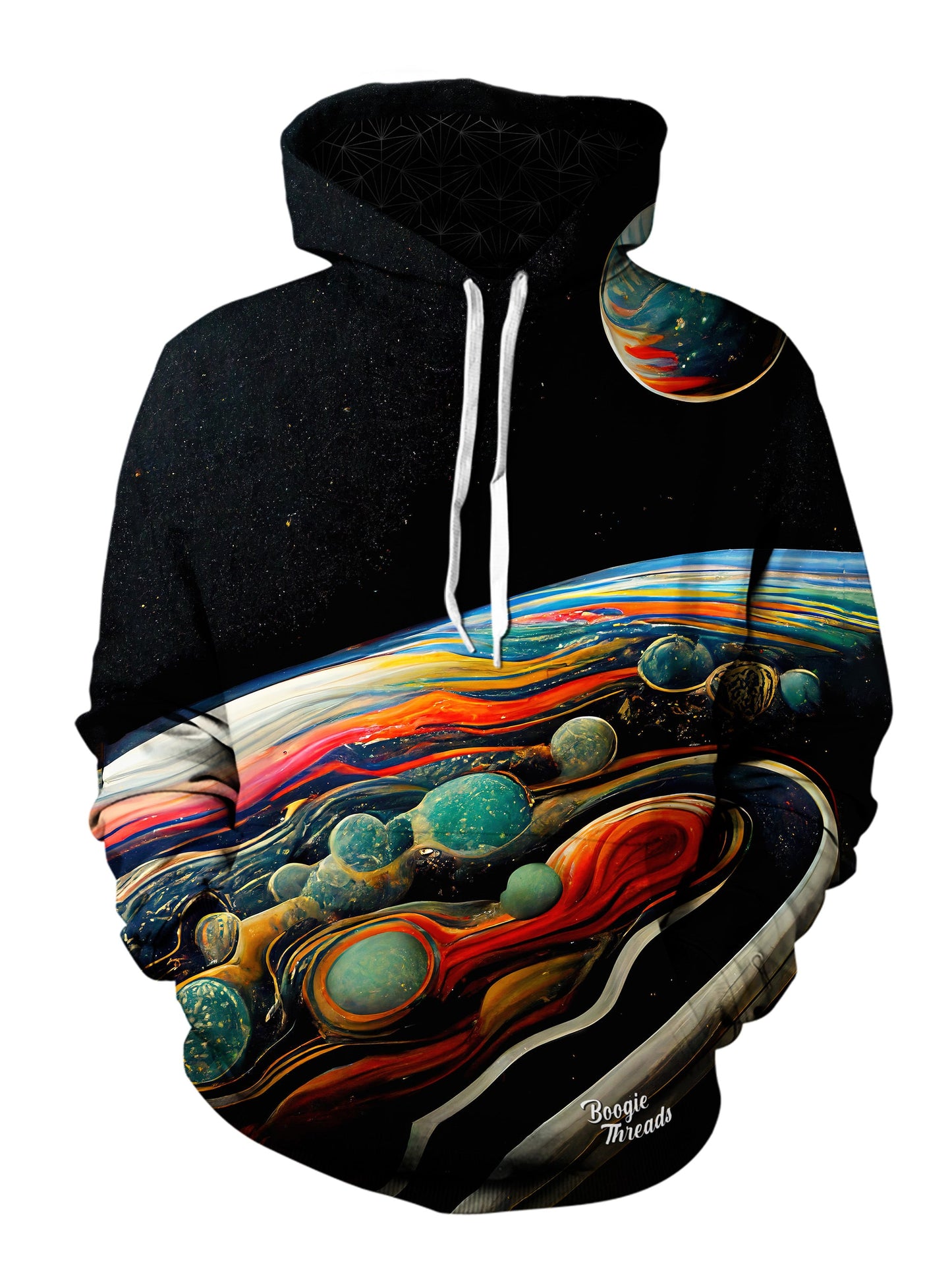 pullover hoodie front view of trippy planet in outer space - festival clothing 