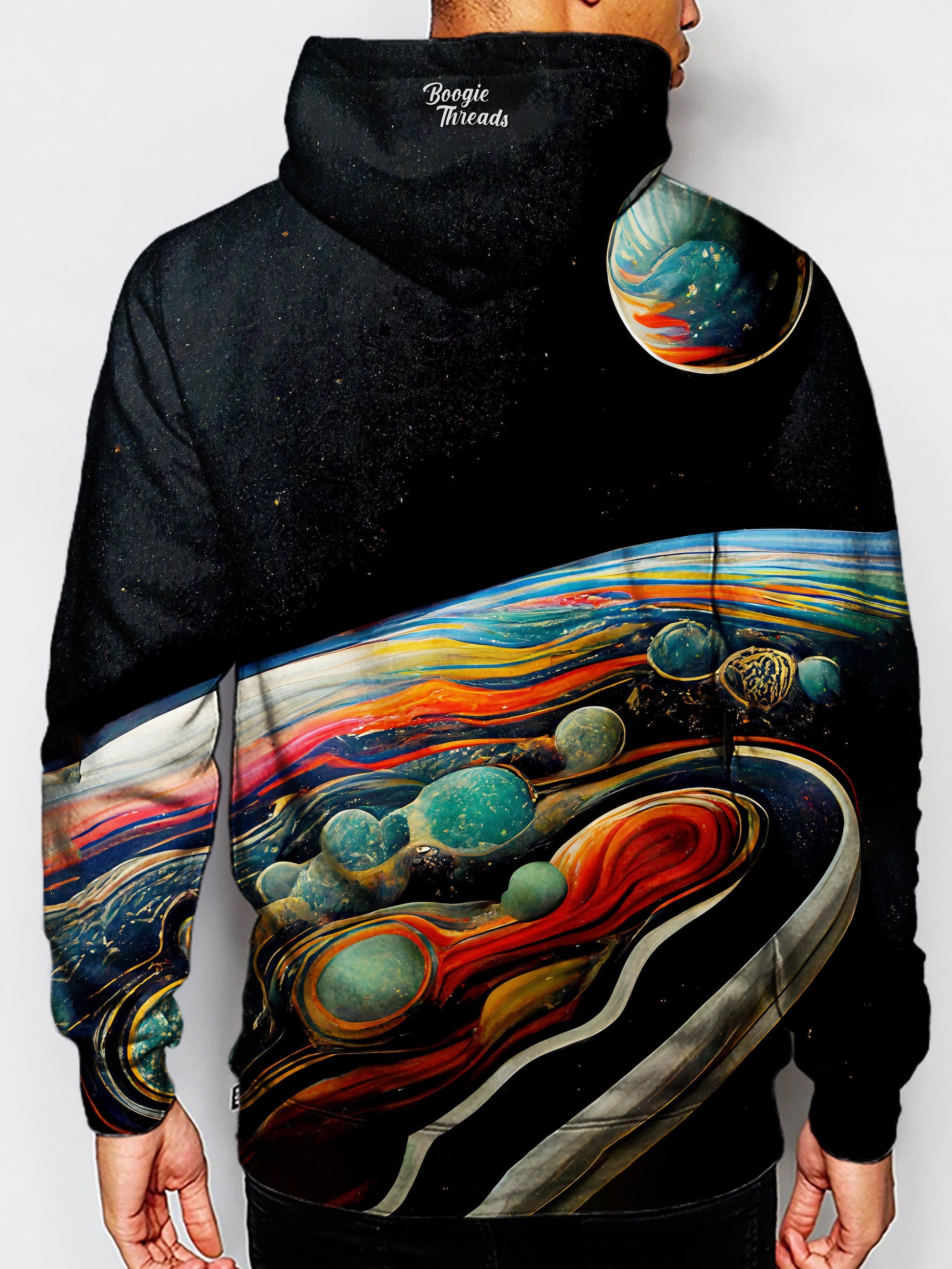 back view of model wearing boogie threads planet hoodie