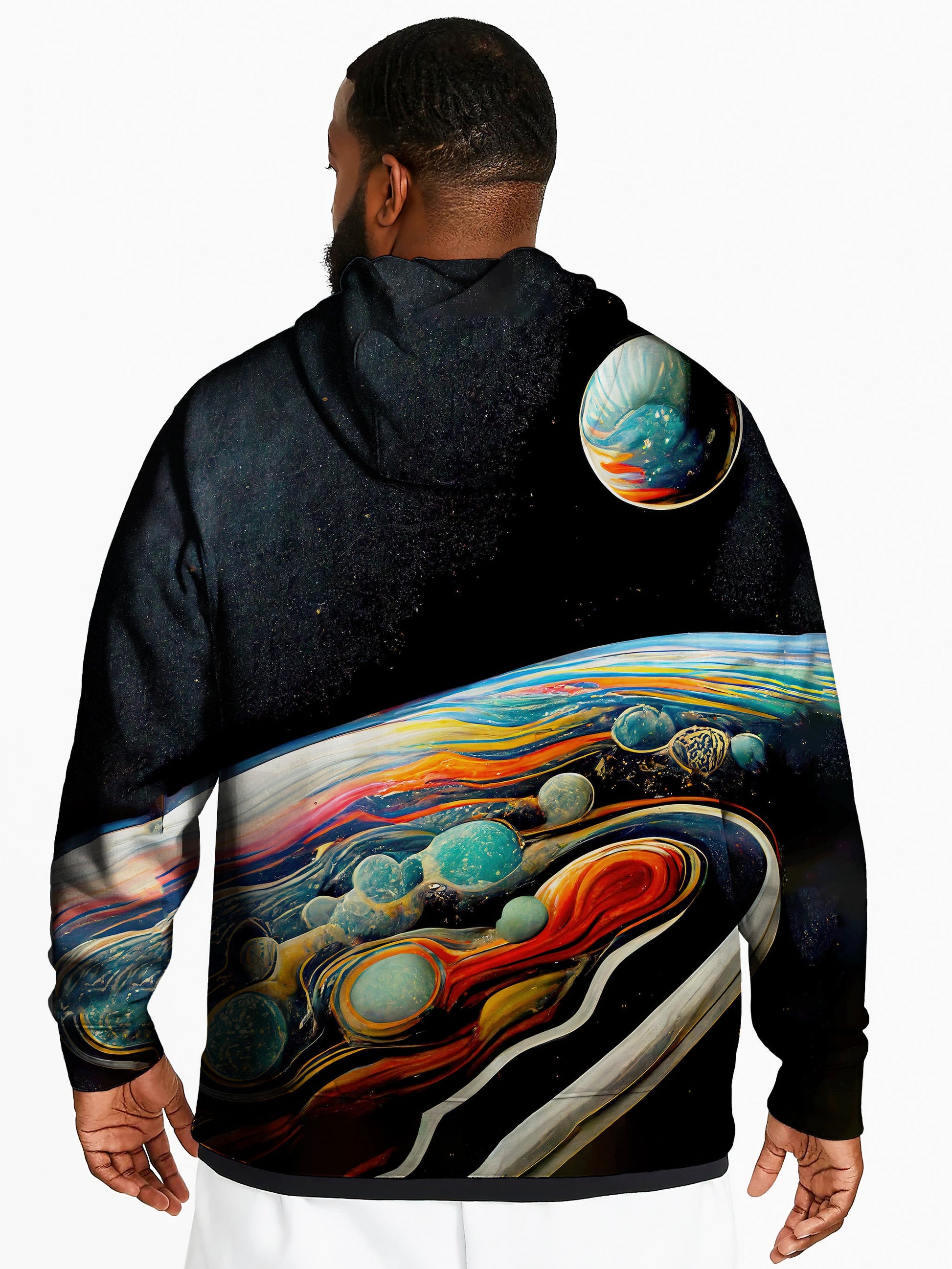 rear view of pullover hoodie worn by african american model - space clothing