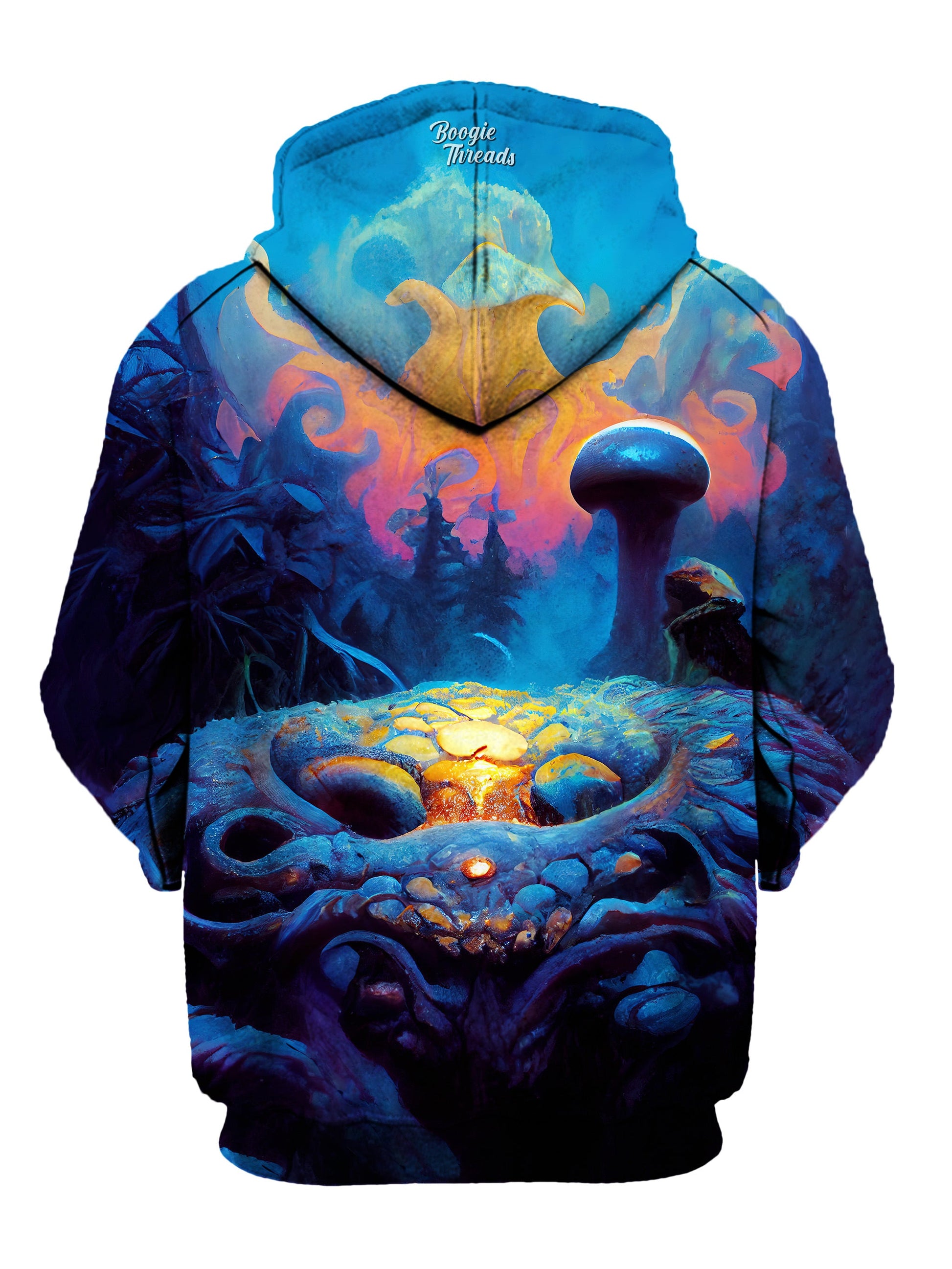 rear view of a printed pullover hoodie with a painted mushroom forest