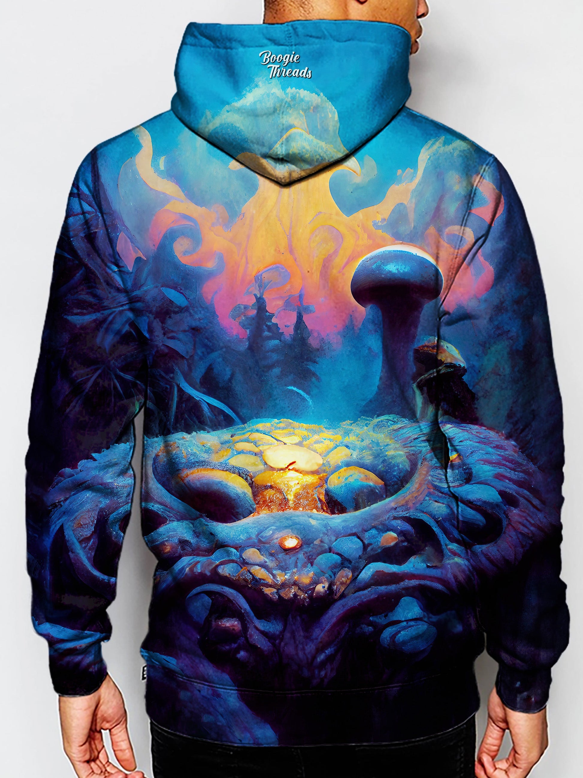 Rear view of model wearing boogie threads mushroom forest hoodie