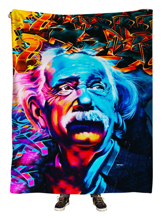 Hanging view of all over print orange, pink & blue Albert Einstein urban graffiti art blanket by GratefullyDyed Apparel.