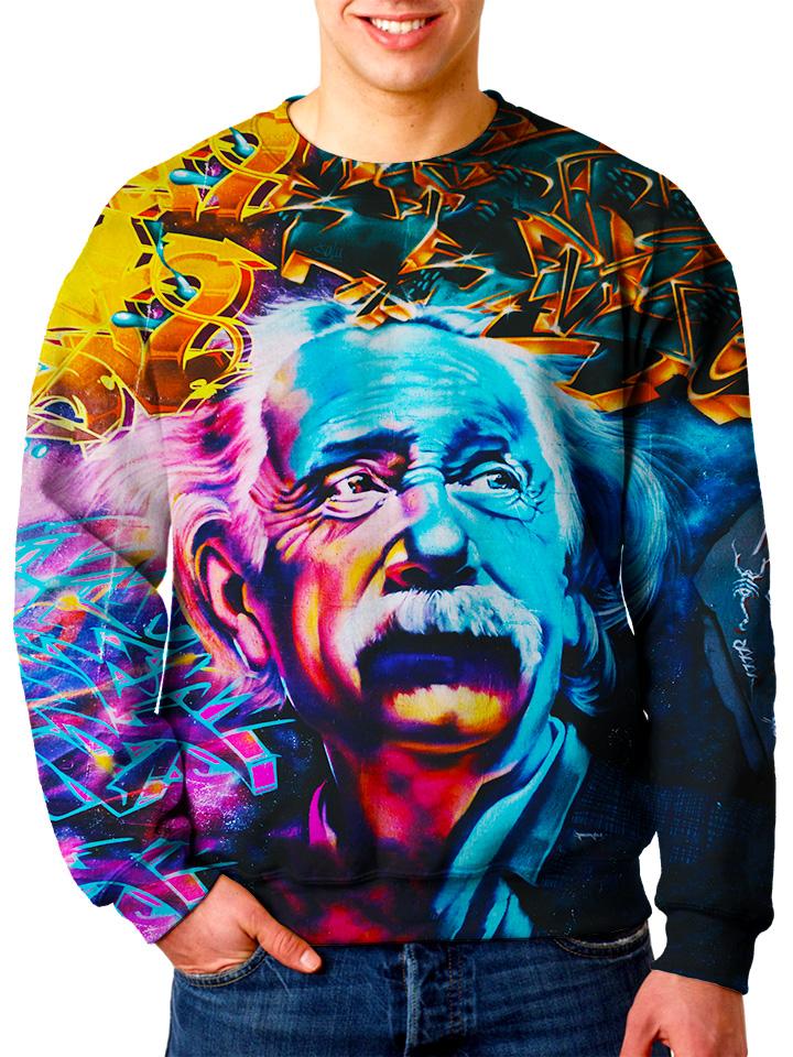 Model wearing Gratefully Dyed Apparel Albert Einstein graffiti portrait unisex sweater. 