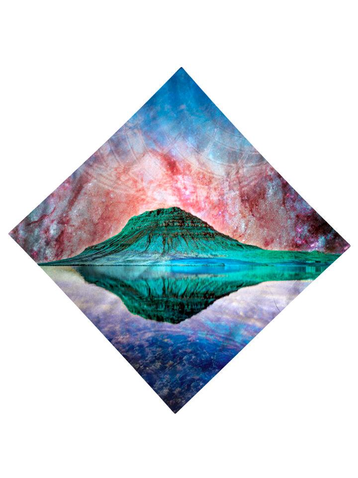 Trippy Gratefully Dyed Apparel red, green & blue mountain galaxy bandana flat view.