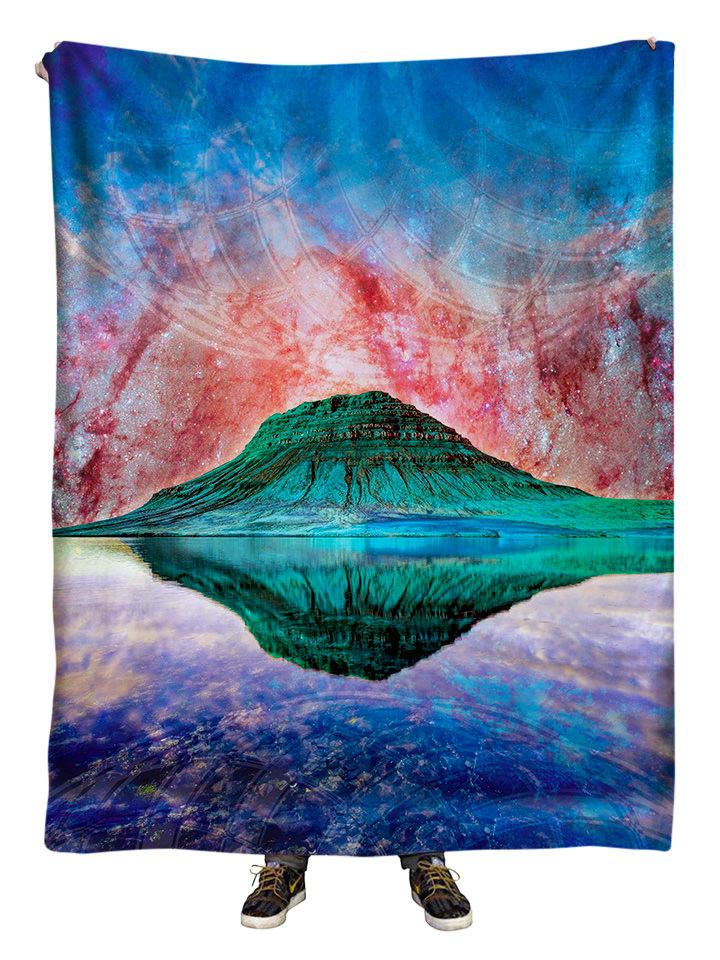 Hanging view of all over print blue, red & green mountain galaxy blanket by GratefullyDyed Apparel.