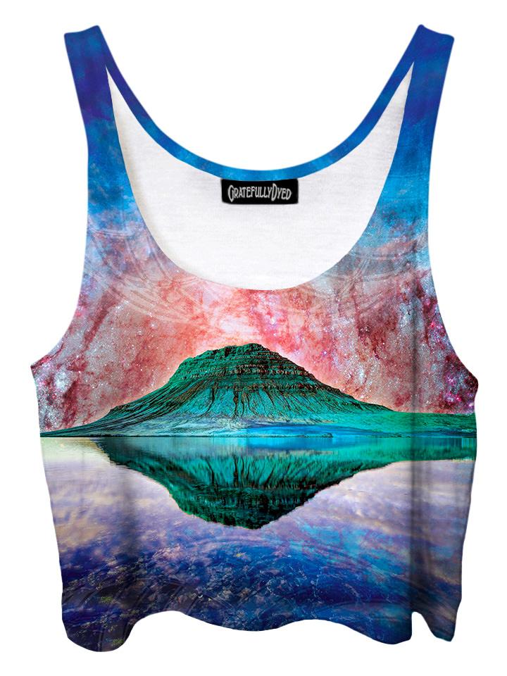 Trippy front view of GratefullyDyed Apparel blue, red, green & purple mountain galaxy crop top.