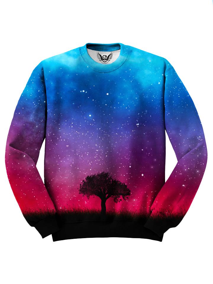 All over print blue, purple, red & black nature galaxy sweater by GratefullyDyed Apparel front view.