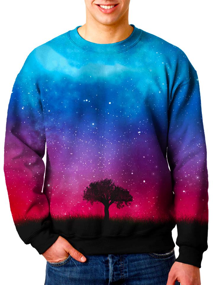 Model wearing Gratefully Dyed Apparel nature galaxy unisex sweater. 