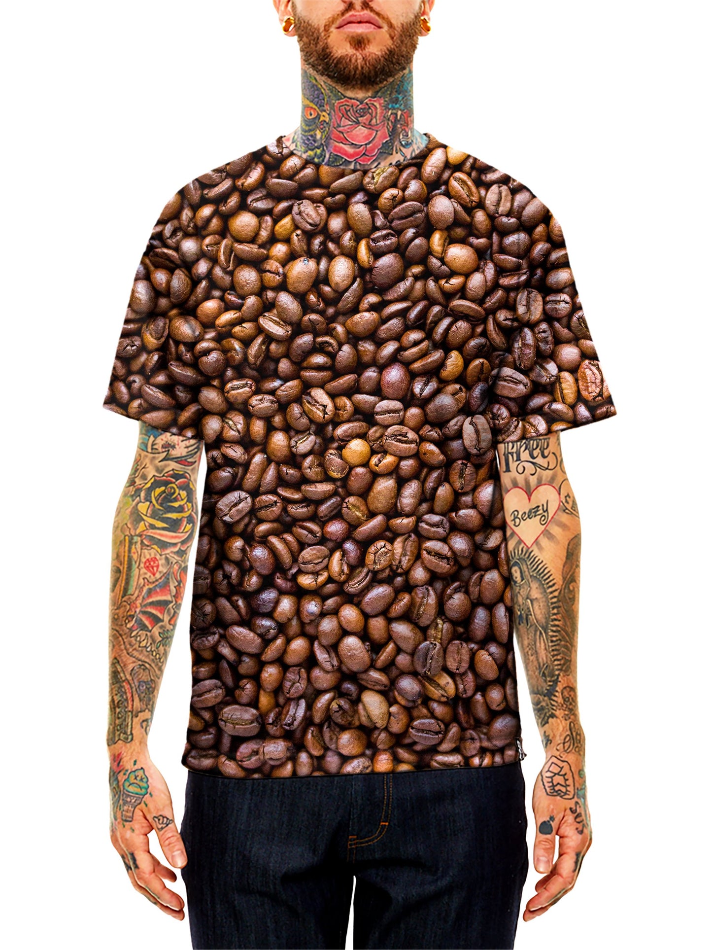 Model wearing GratefullyDyed Apparel brown & black coffee bean unisex t-shirt.
