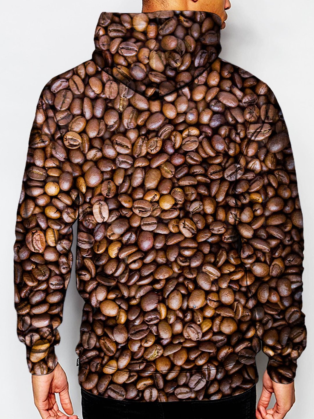 Model wearing GratefullyDyed Apparel coffee bean pullover hoodie.
