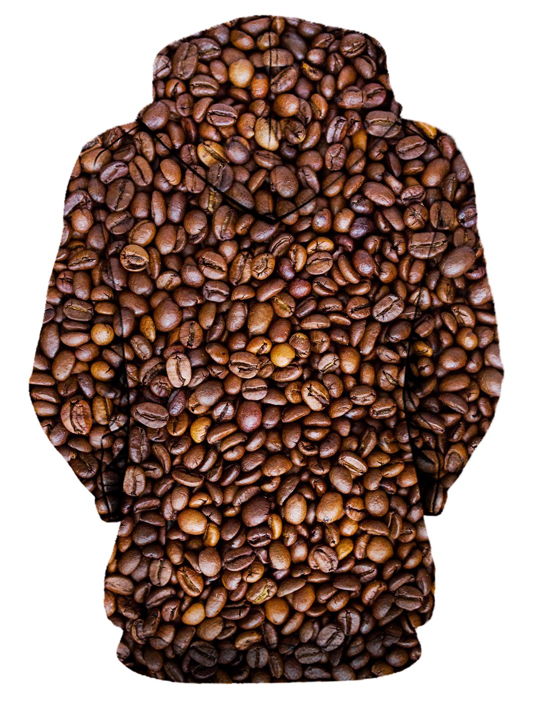 Rear of women's brown & black coffee bean all over print hoody. 