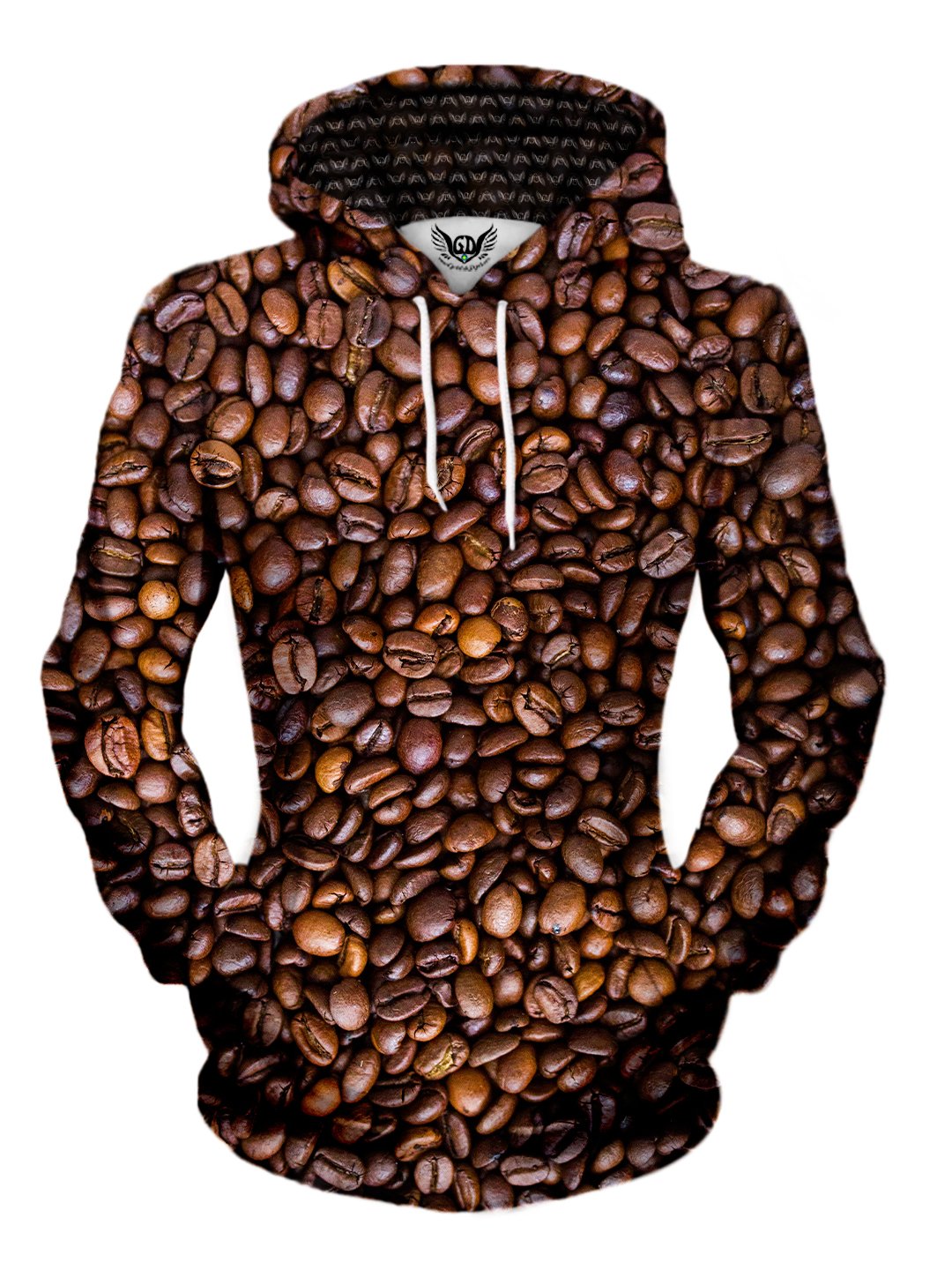 Women's front view of trippy coffee bean pullover hoodie.