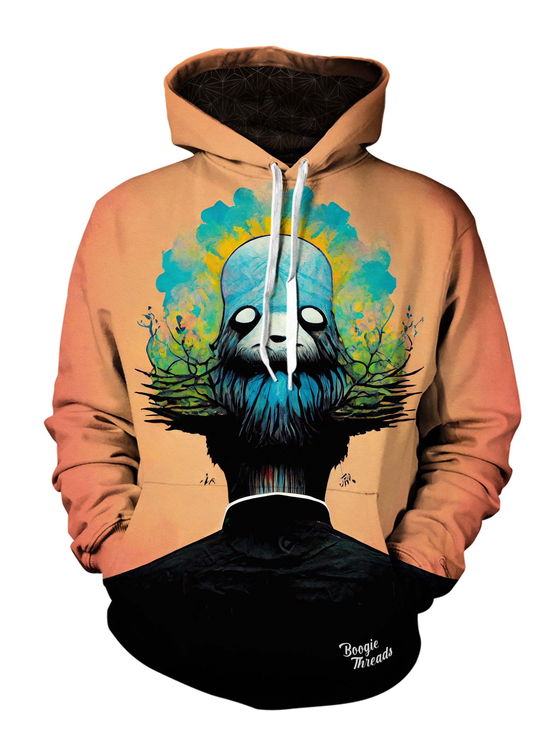 Psychedelic artwork hoodie in the style of alex pardee - all over printed - bright orange and blue