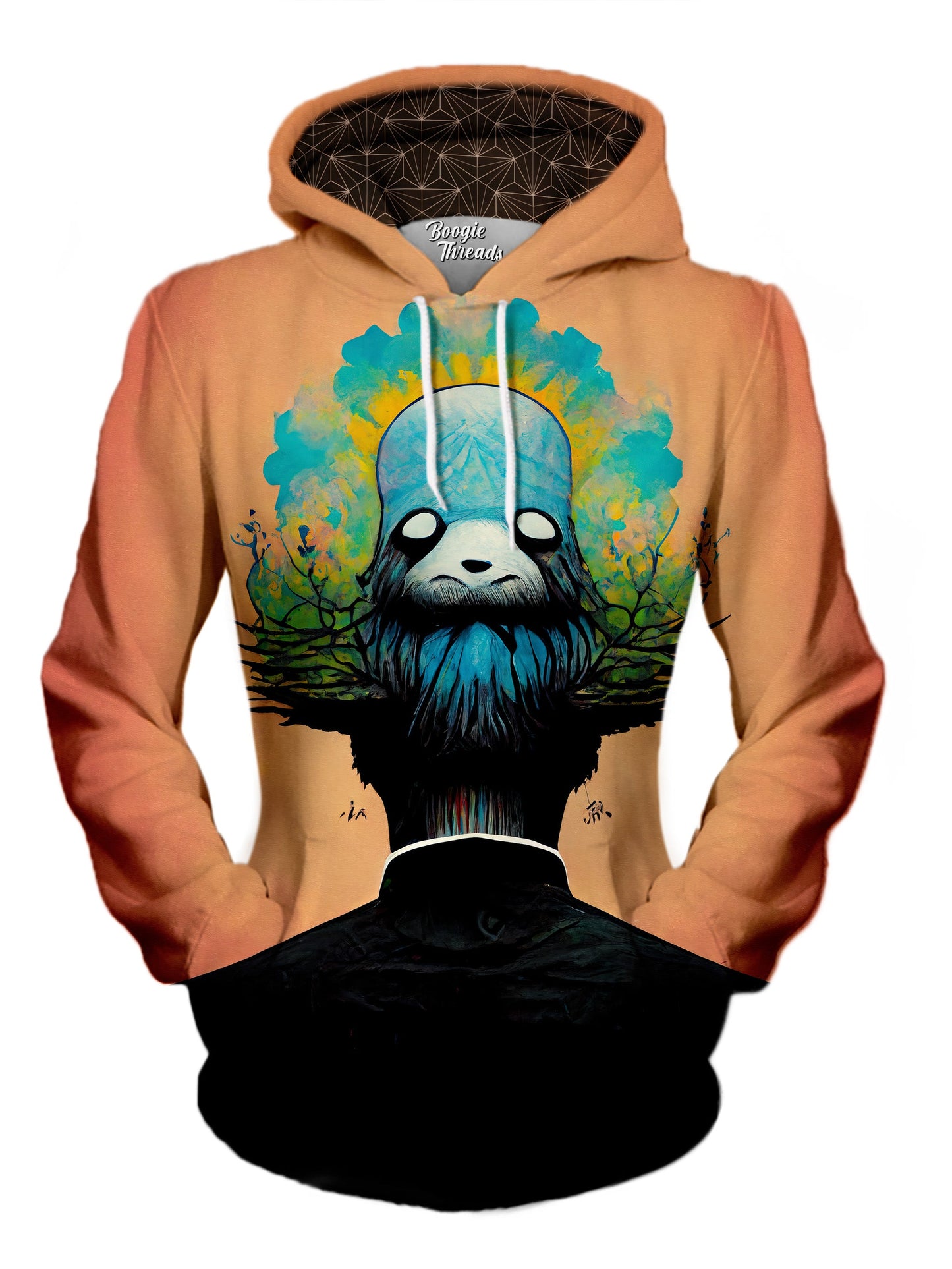 bright orange and blue alex pardee artwork printed on hoodie - made with midjourney