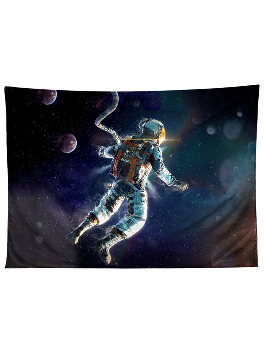 Horizontal hanging view of all over print black & white astronaut galaxy tapestry by GratefullyDyed Apparel.