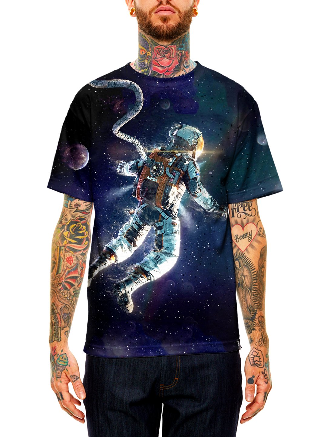 Model wearing GratefullyDyed Apparel blue & white astronaut galaxy unisex t-shirt.