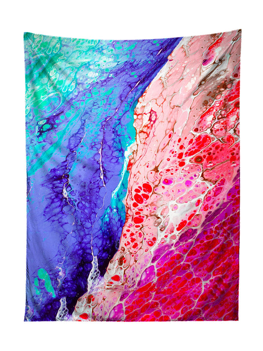Vertical hanging view of all over print blue & red marble painting tapestry by GratefullyDyed Apparel.
