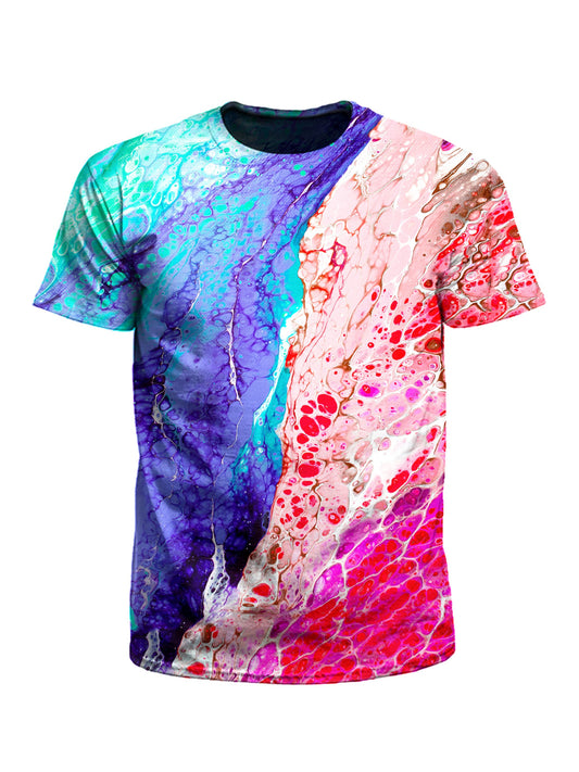 Men's blue & red paint marbling unisex t-shirt front view.