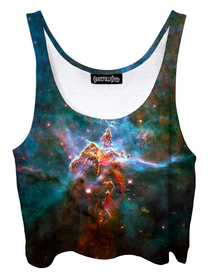 Trippy front view of GratefullyDyed Apparel blue & rainbow nebula galaxy crop top.