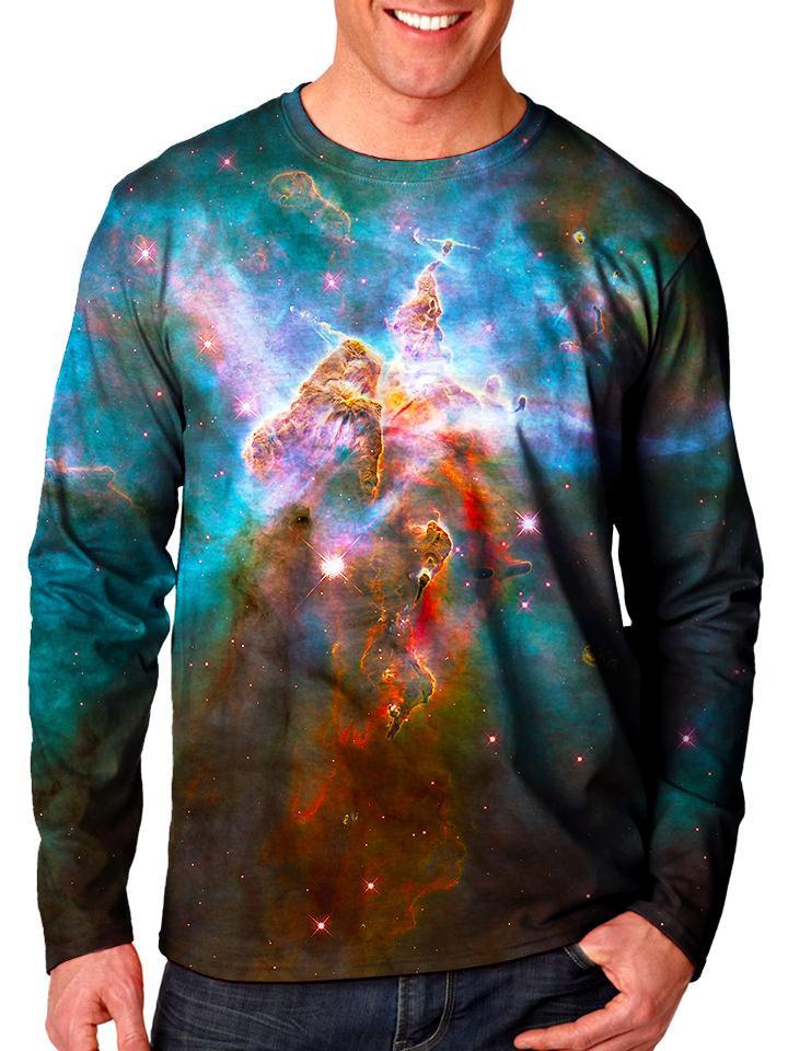 Front view of model wearing Gratefully Dyed Apparel rainbow nebula galaxy unisex long sleeve.