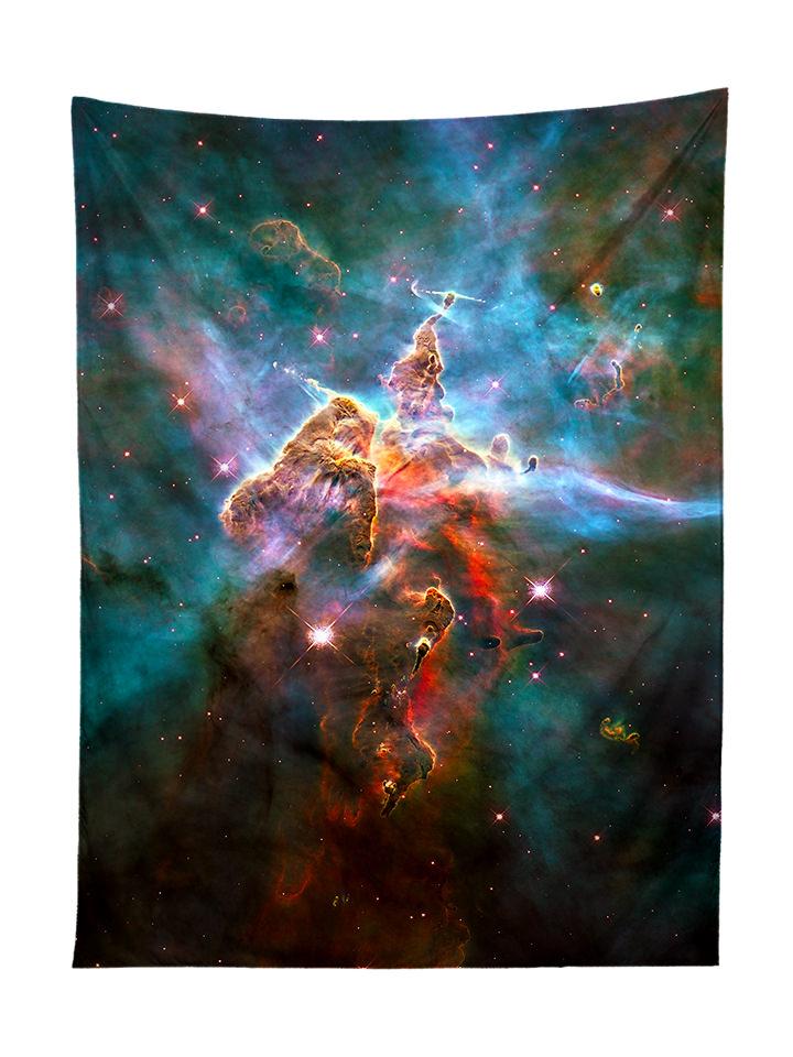 Vertical hanging view of all over print rainbow nebula galaxy tapestry by GratefullyDyed Apparel.