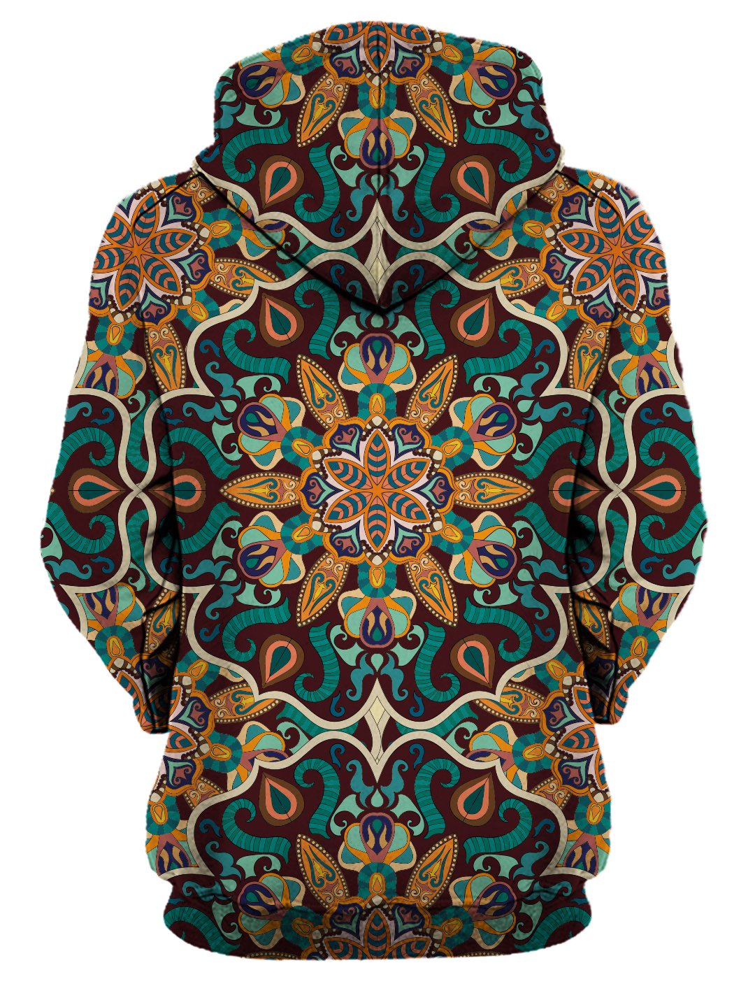 Rear of women's all over print teal & orange psychedelic mandala hoody. 