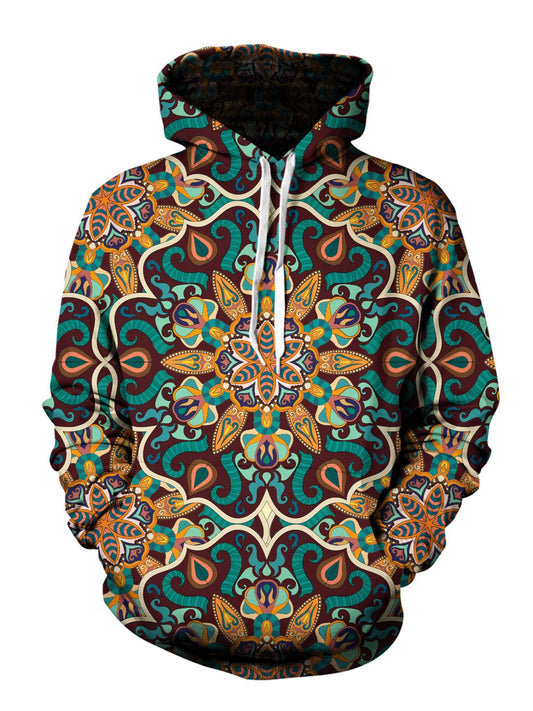 Men's teal & orange retro mandala pullover hoodie front view.