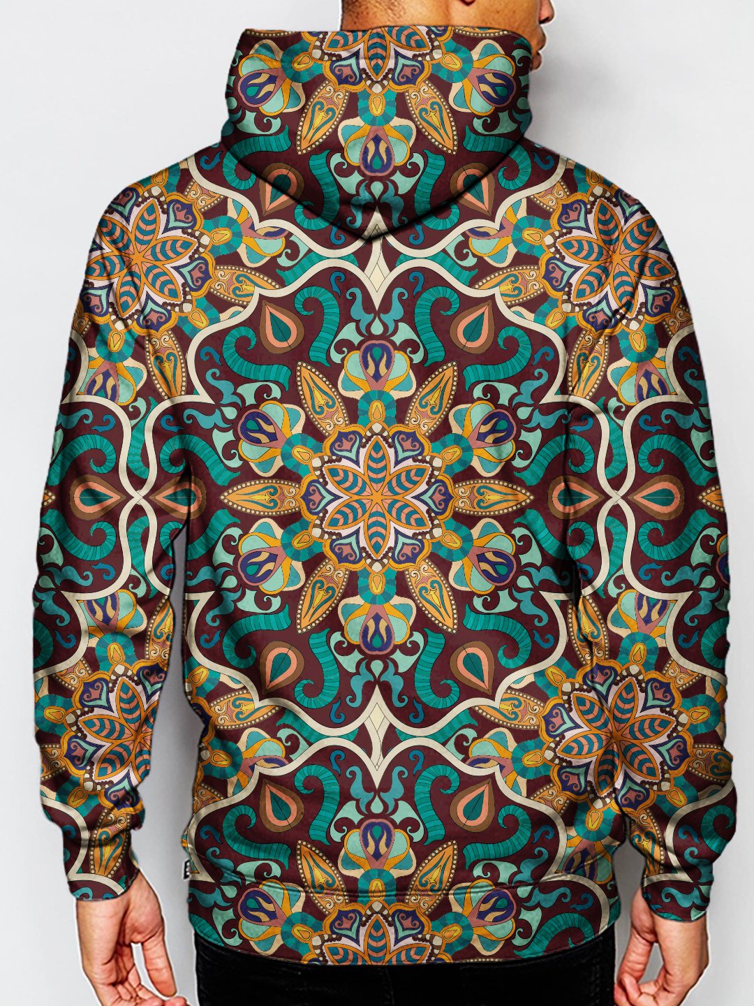 Model wearing GratefullyDyed Apparel psychedelic sacred geometry pullover hoodie.