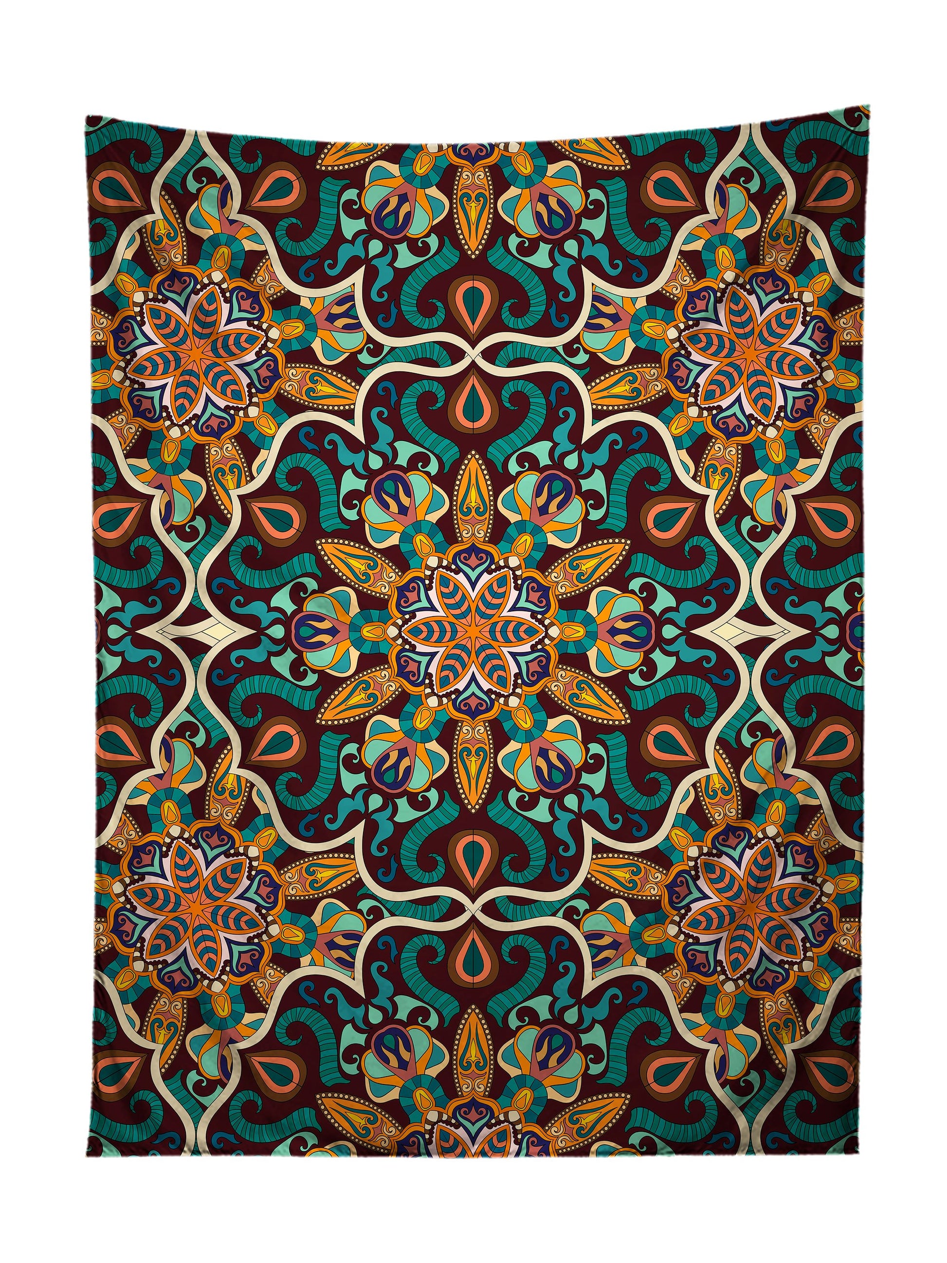 Vertical hanging view of all over print teal & orange mandala tapestry by GratefullyDyed Apparel.