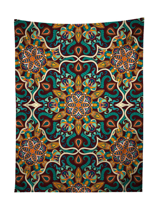 Vertical hanging view of all over print teal & orange mandala tapestry by GratefullyDyed Apparel.