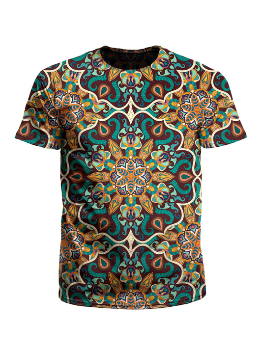 Men's teal & orange mandala unisex t-shirt front view.