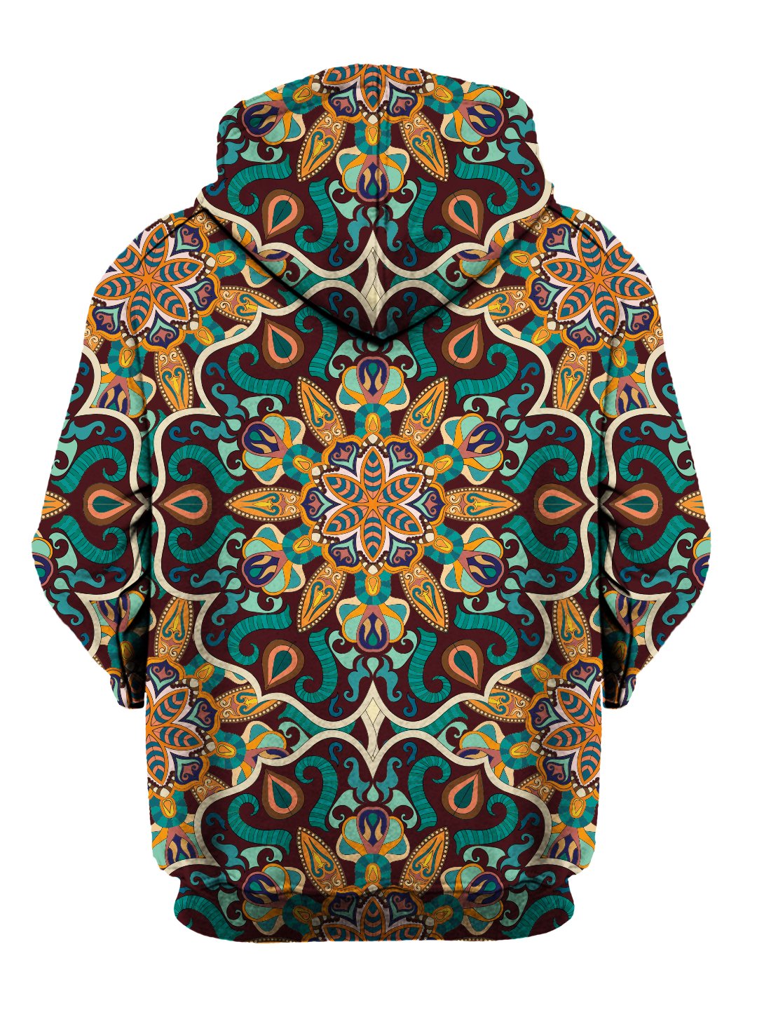 Rear of teal & orange retro mandala zip-up hoody. 