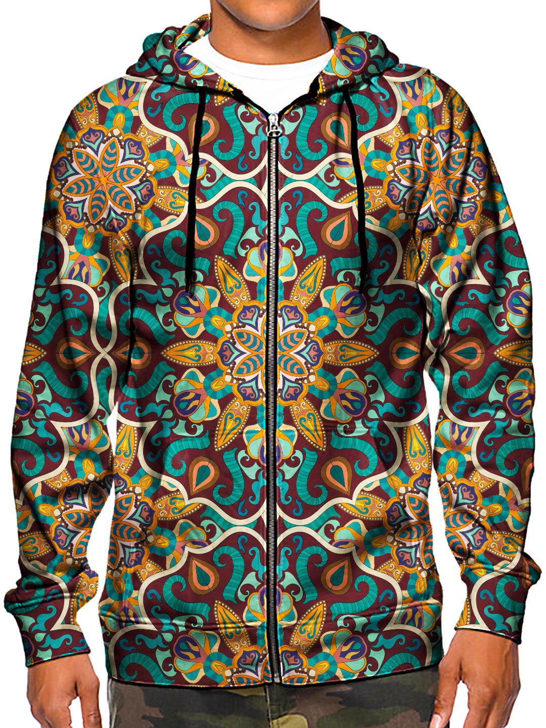 Model wearing GratefullyDyed Apparel psychedelic sacred geometry zip-up hoodie.