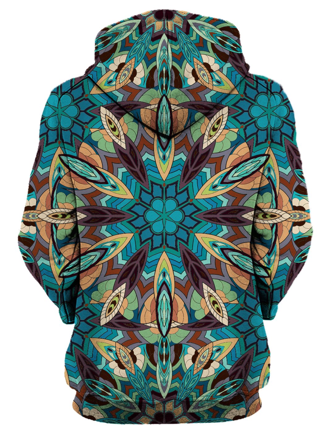 Rear of women's all over print blue, green, orange & purple psychedelic mandala hoody. 