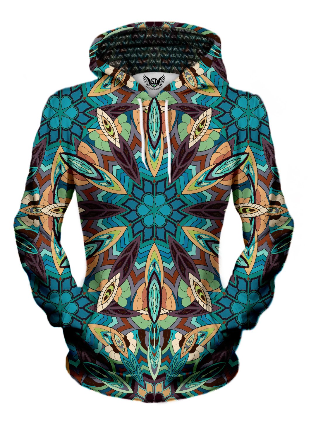Women's front view of trippy mandala pullover hoodie.