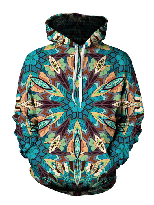 Men's blue, green, orange & purple retro tribal mandala pullover hoodie front view.