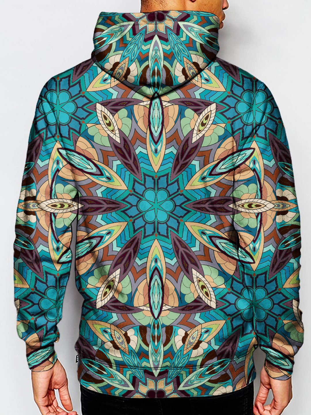 Model wearing GratefullyDyed Apparel psychedelic sacred geometry pullover hoodie.