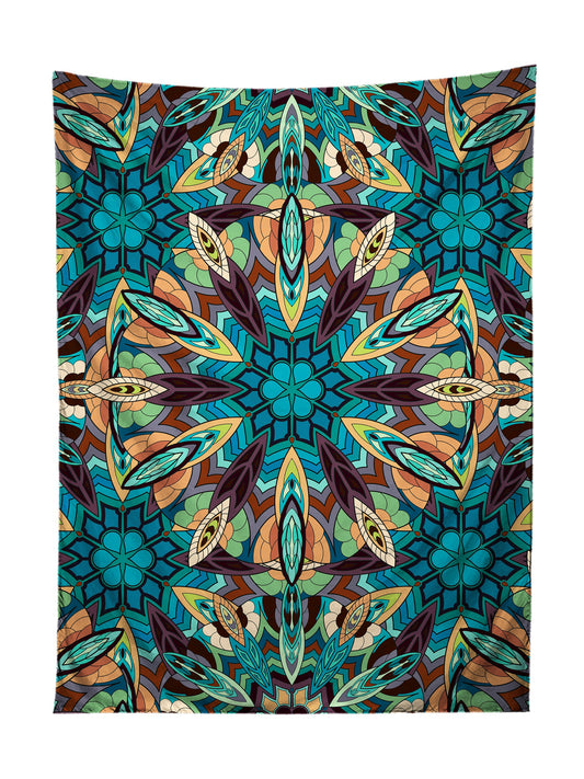 Vertical hanging view of all over print blue & orange mandala tapestry by GratefullyDyed Apparel.