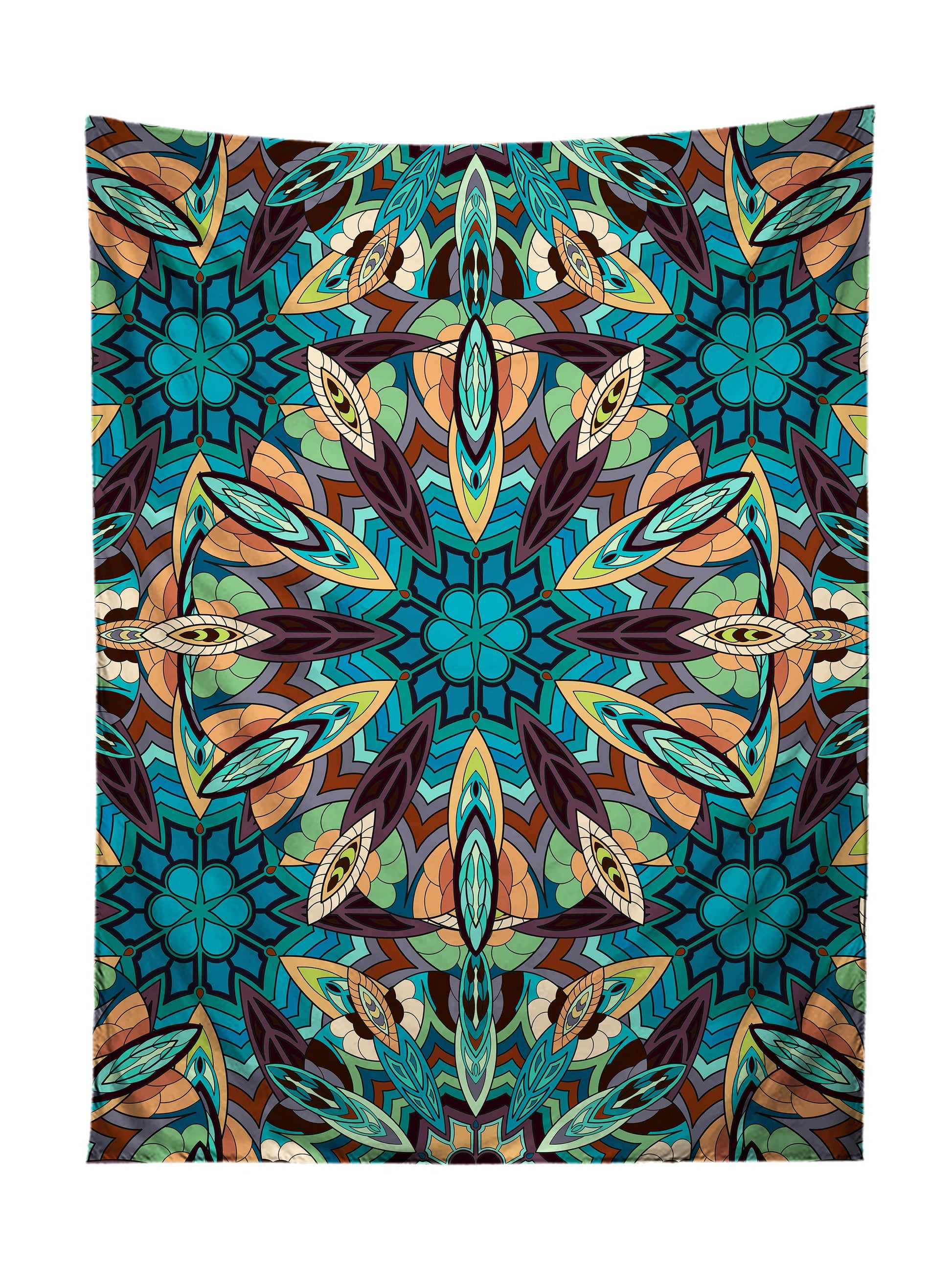 Vertical hanging view of all over print blue & orange mandala tapestry by GratefullyDyed Apparel.