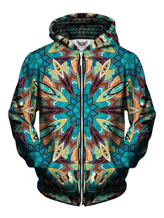 Men's blue, green, purple & orange tribal mandala zip-up hoodie front view.