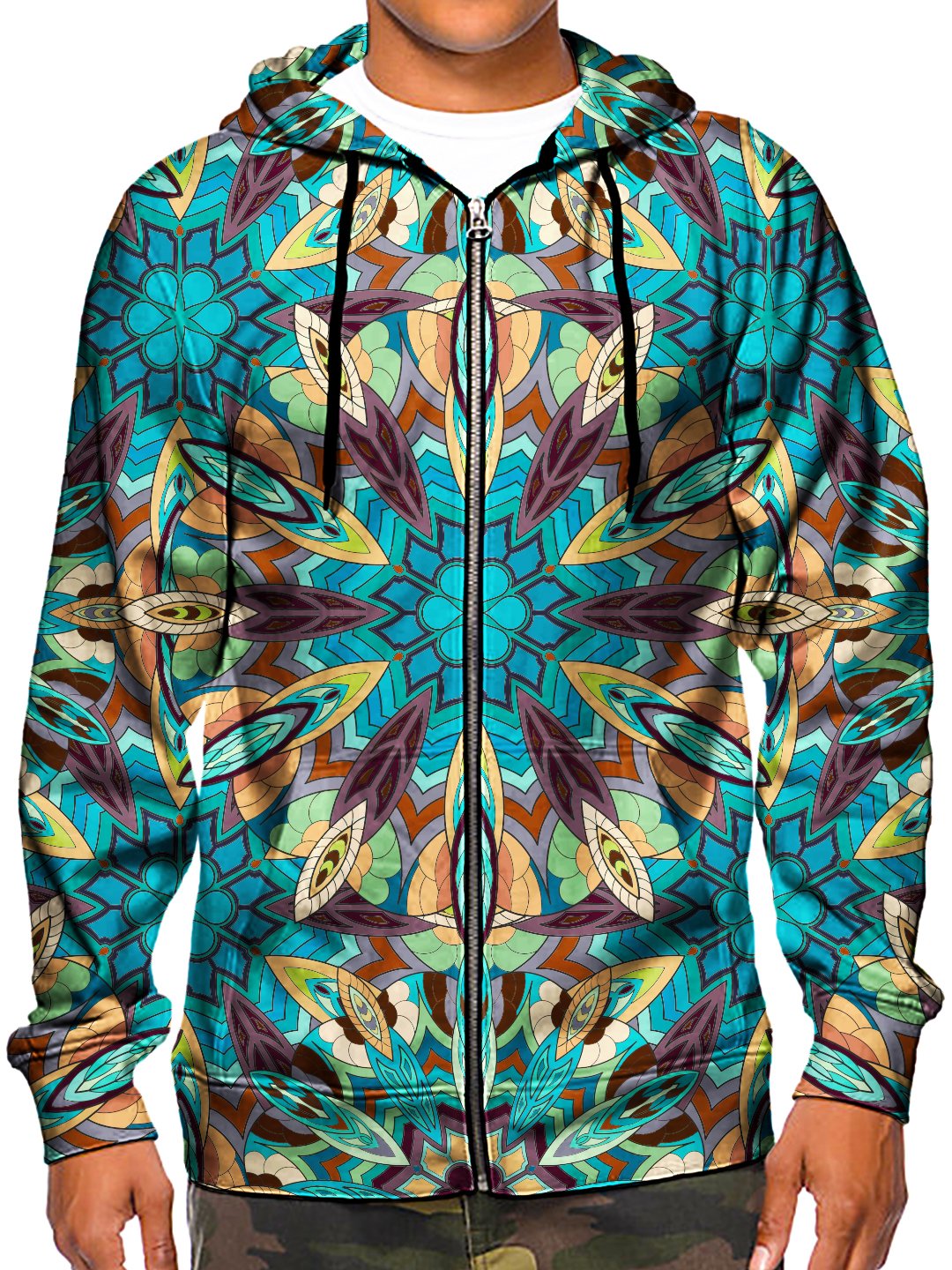 Model wearing GratefullyDyed Apparel psychedelic sacred geometry zip-up hoodie.