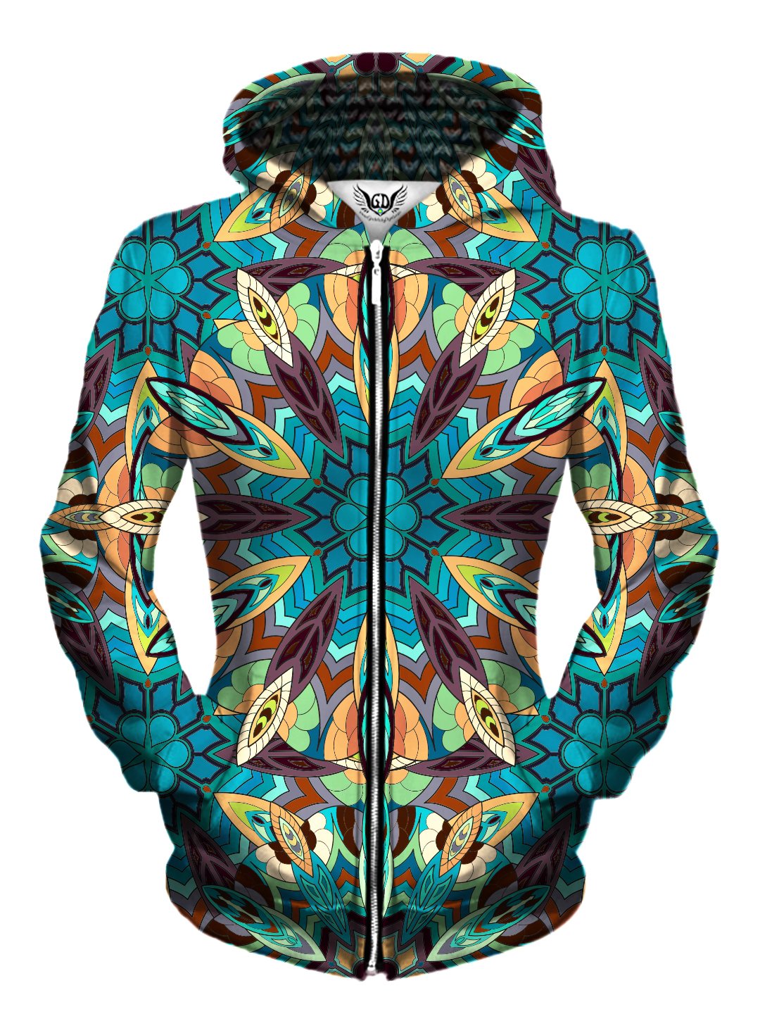 Front view of women's all over print sacred geometry zip up hoody by Gratefully Dyed Apparel.