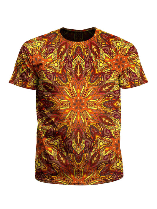 Men's red, orange & yellow mandala unisex t-shirt front view.