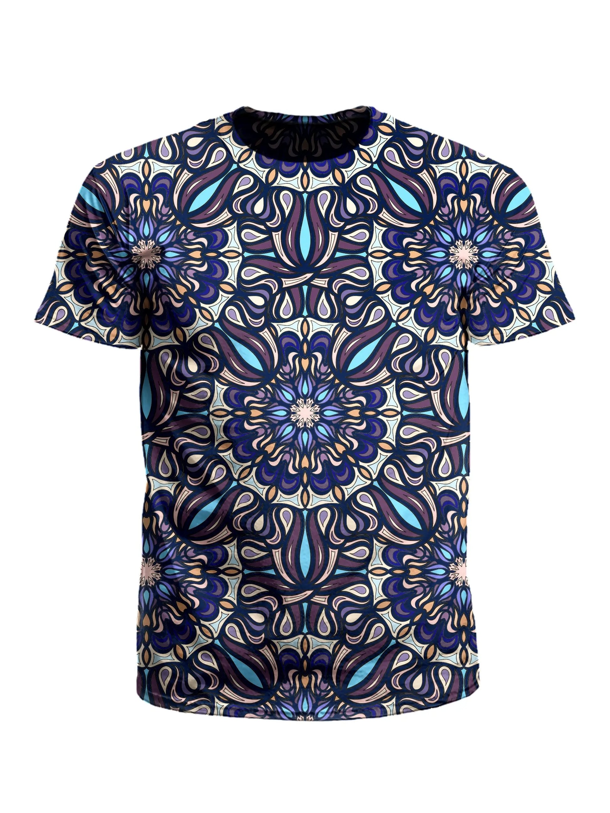 Men's blue, purple & white mandala unisex t-shirt front view.