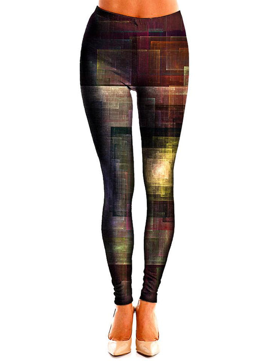 Brown and gold square artwork printed leggings front view