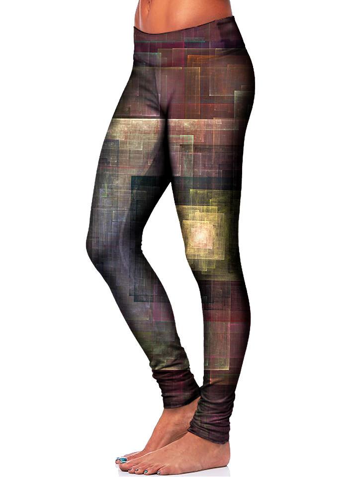 Brown and gold square artwork printed leggings side view