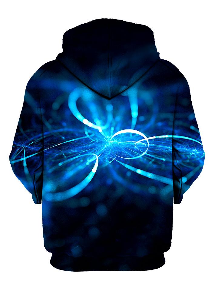 Blue swirls on black pullover hoodie back view