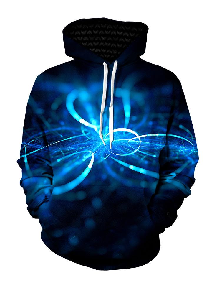 Blue swirls on black pullover hoodie with white strings, front view